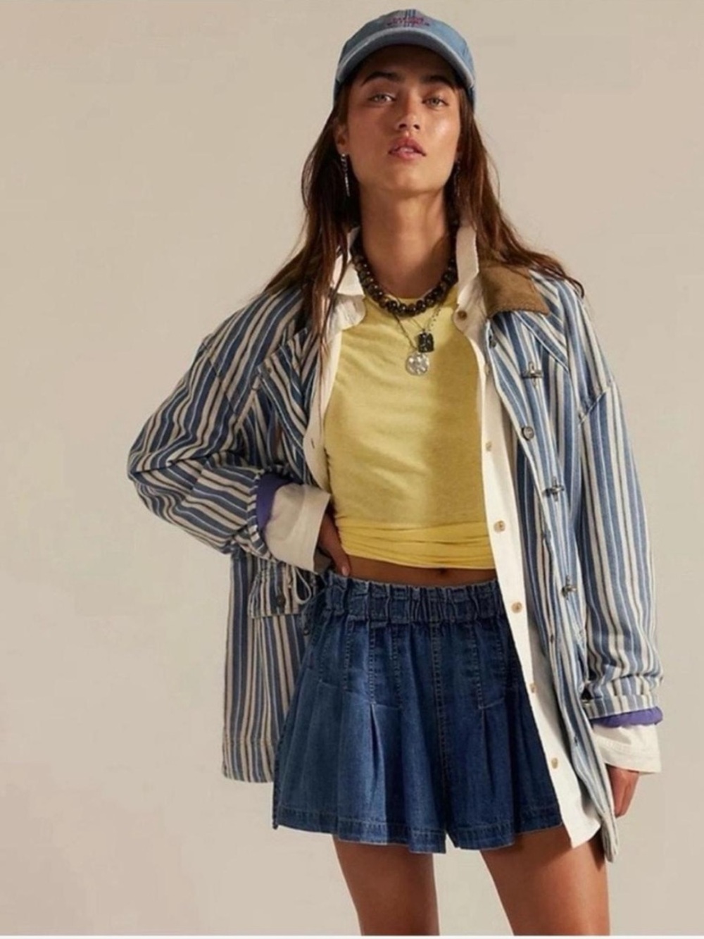 Free People Striped Denim Barn Coat Size Large NWT Cotton Corduroy Collar Boho